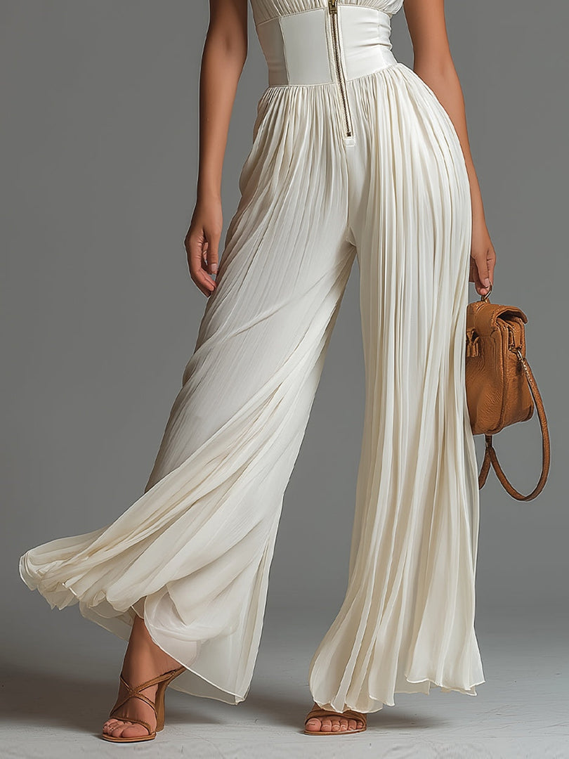 Women's White Pleated Jumpsuit Deep V Neck and Corset Waist