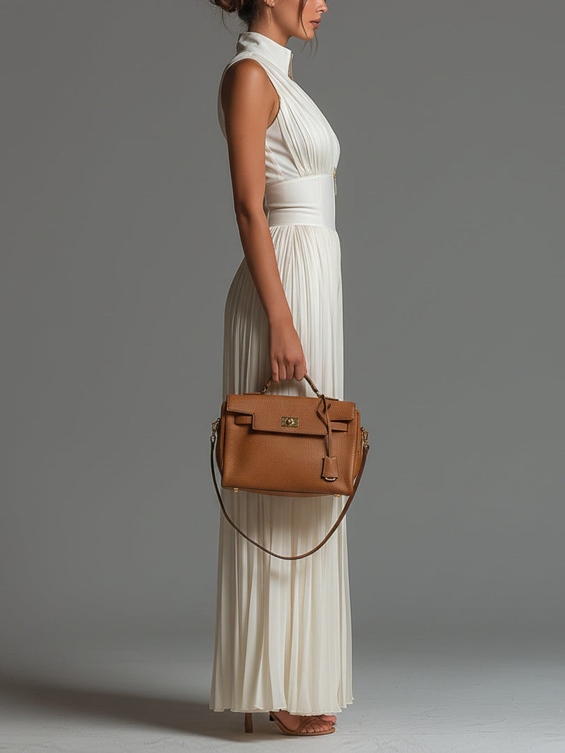 Women's White Pleated Jumpsuit Deep V Neck and Corset Waist