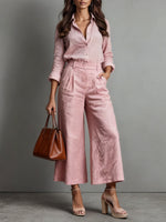 Load image into Gallery viewer, Women's Linen Two Piece Set Wide Leg Pants and Button Down Shirt
