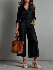 Women's Linen Two Piece Set Wide Leg Pants and Button Down Shirt