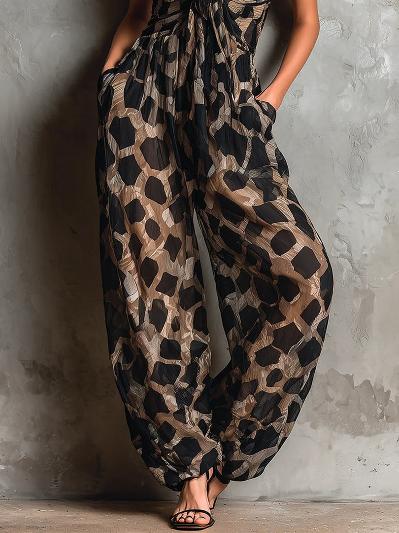 Women's Black Leopard Print Maxi Dress V-Neck Draped Wrap Style