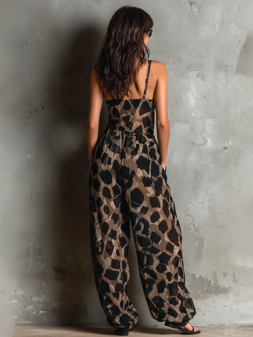 Women's Black Leopard Print Maxi Dress V-Neck Draped Wrap Style