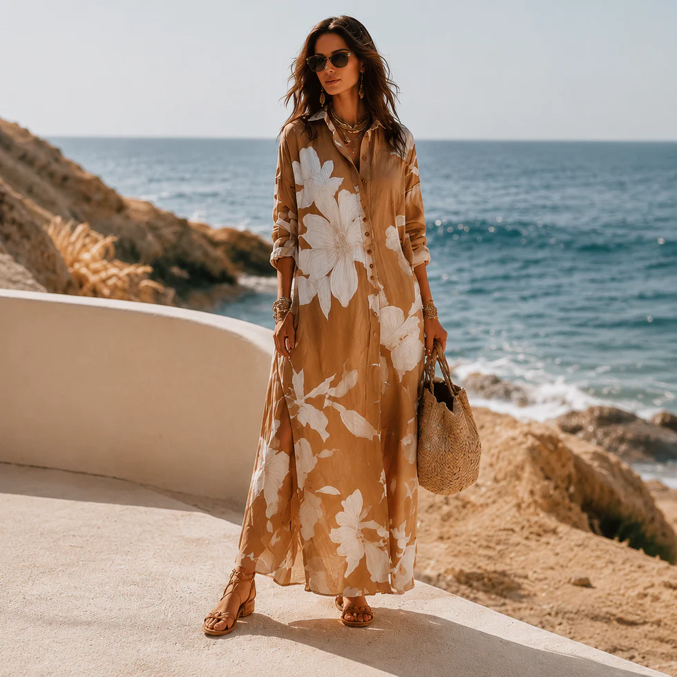 Women's Brown Floral Shirt Maxi Dress Button Down Collar Flowing Style