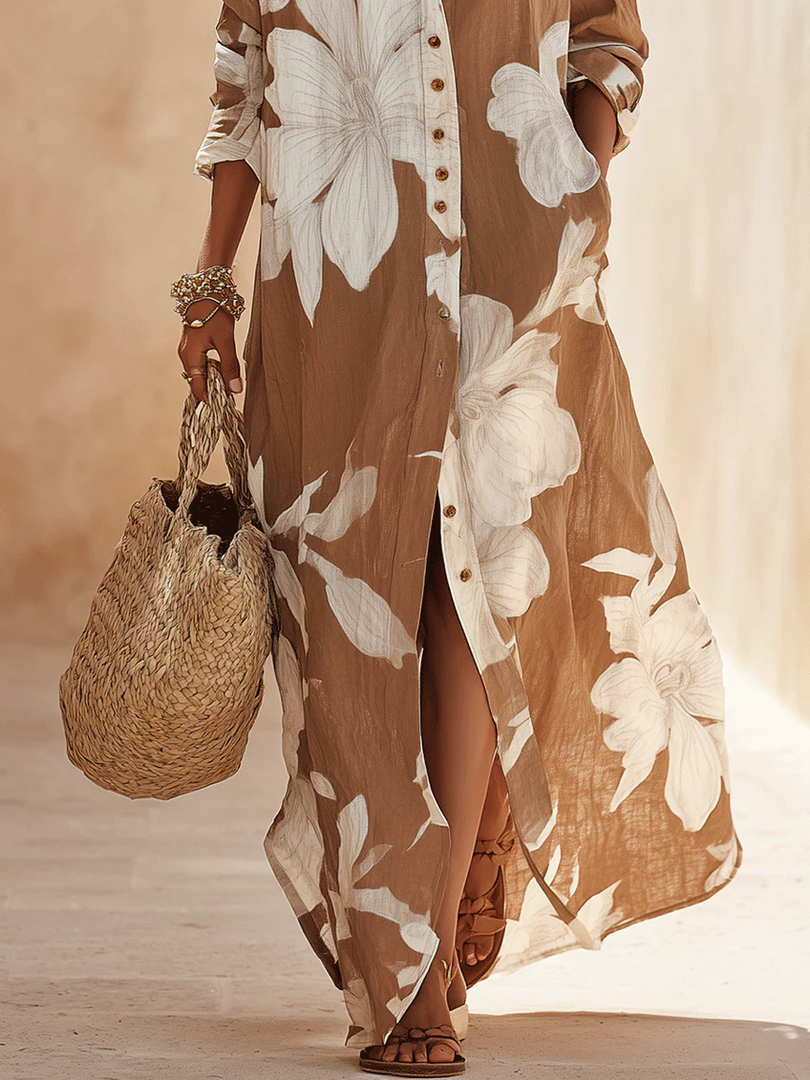 Women's Brown Floral Shirt Maxi Dress Button Down Collar Flowing Style
