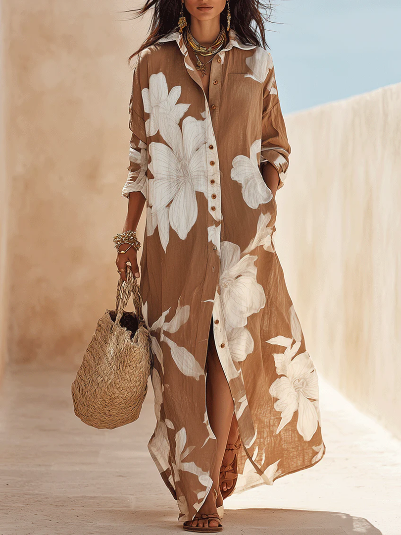 Women's Brown Floral Shirt Maxi Dress Button Down Collar Flowing Style