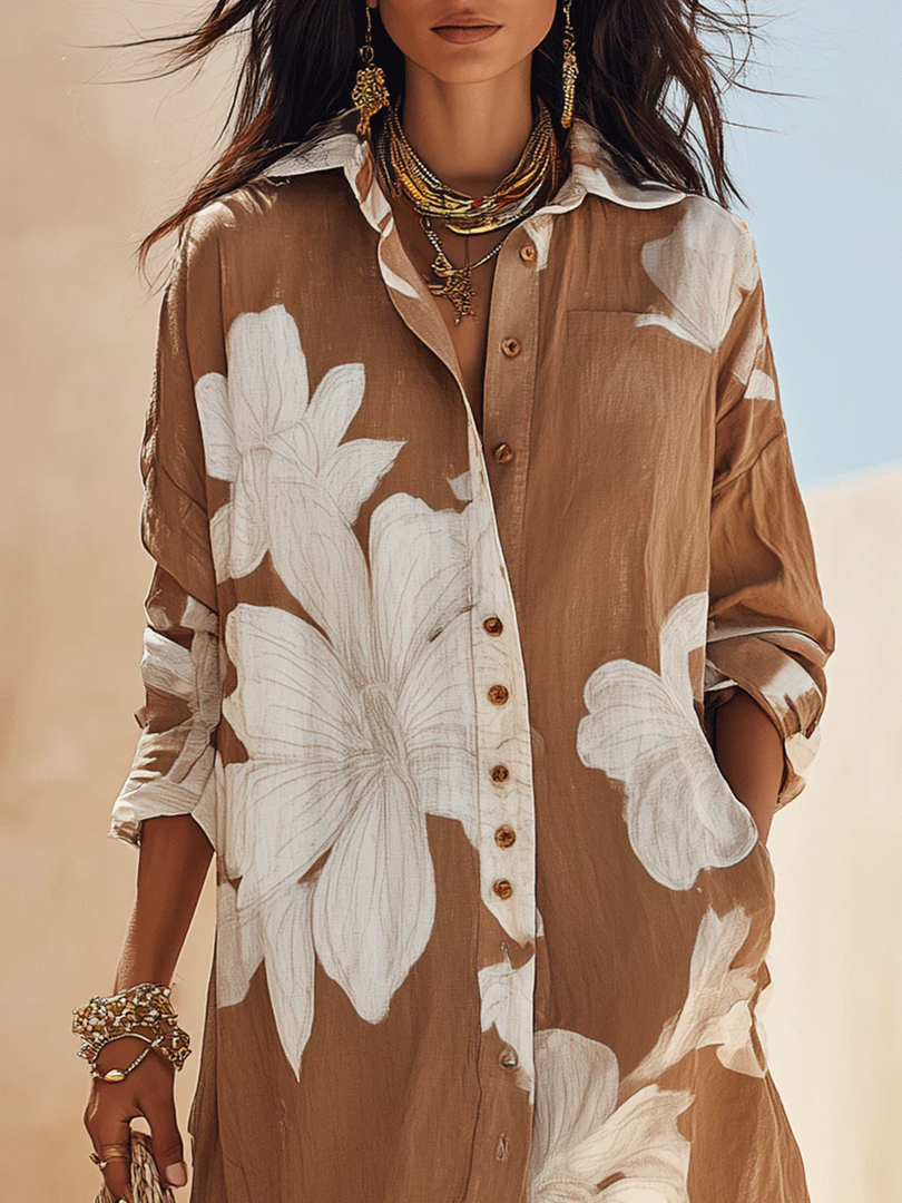 Women's Brown Floral Shirt Maxi Dress Button Down Collar Flowing Style