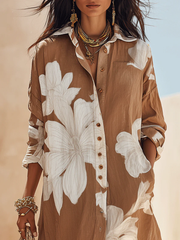 Women's Brown Floral Shirt Maxi Dress Button Down Collar Flowing Style