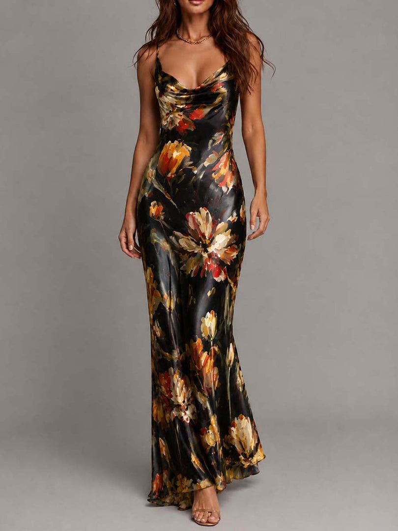 Women's Satin Maxi Dress Cowl Neck Spaghetti Strap Floral Print Bias Cut Formal Style