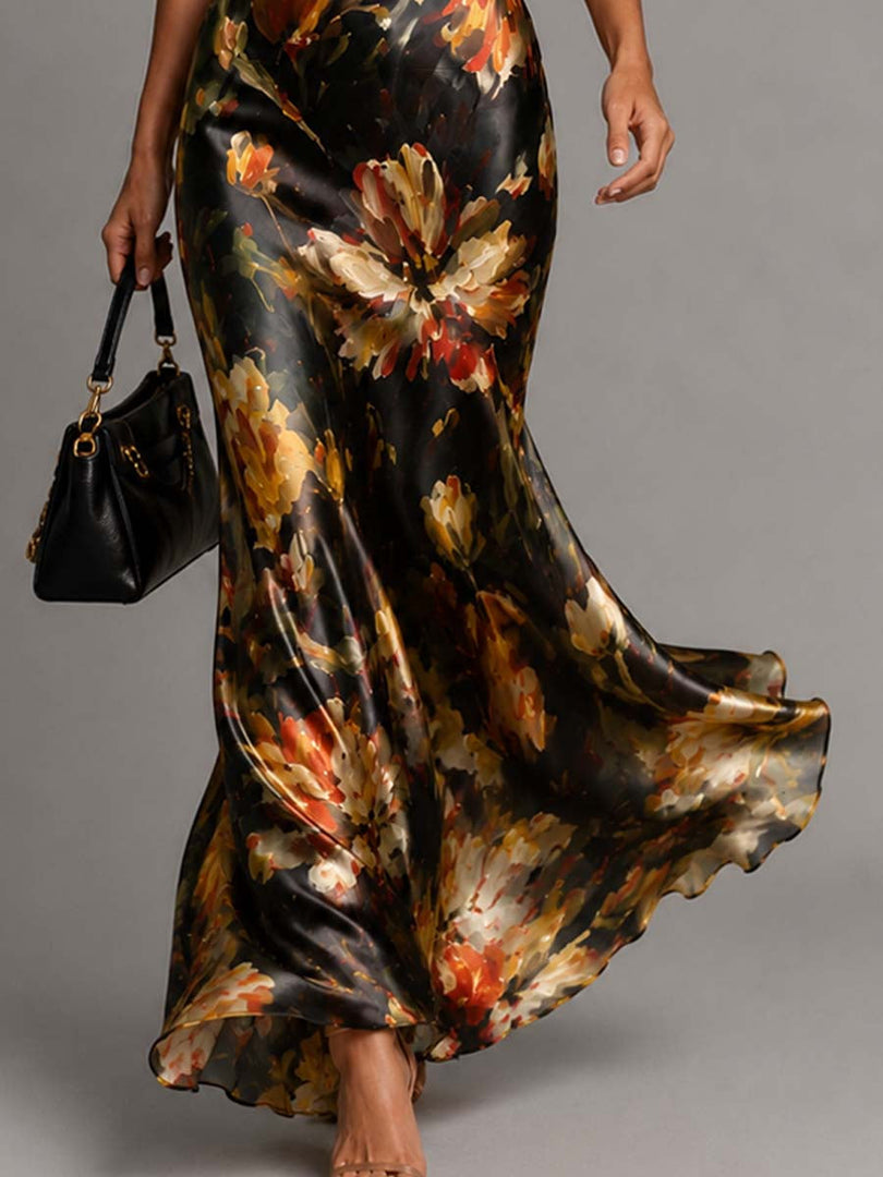 Women's Satin Maxi Dress Cowl Neck Spaghetti Strap Floral Print Bias Cut Formal Style