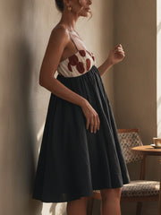 Women's Black Midi Dress Spaghetti Strap Corset Bodice Full Skirt Cocktail Style