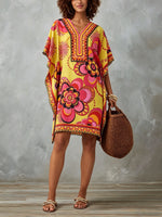 Load image into Gallery viewer, Women's Multicolor Mini Dress Floral Print V-Neck Kaftan Style
