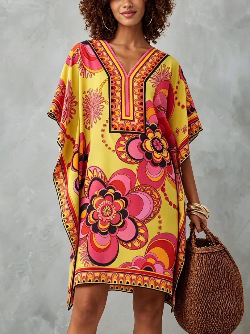 Women's Multicolor Mini Dress Floral Print V-Neck Kaftan Style