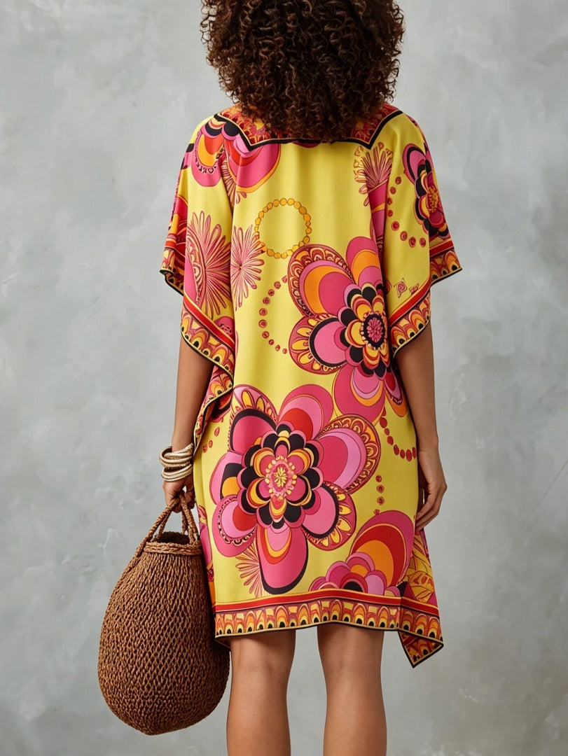 Women's Multicolor Mini Dress Floral Print V-Neck Kaftan Style
