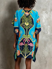 Women's Blue Tropical Midi Dress V Neck Kaftan Batwing Sleeve Flowing Resort Style