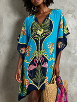 Load image into Gallery viewer, Women's Blue Tropical Midi Dress V Neck Kaftan Batwing Sleeve Flowing Resort Style
