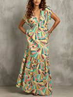 Load image into Gallery viewer, Women's Geometric Print Maxi Dress V Neck Flutter Sleeve Flowing Tiered Style
