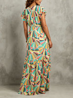 Load image into Gallery viewer, Women's Geometric Print Maxi Dress V Neck Flutter Sleeve Flowing Tiered Style
