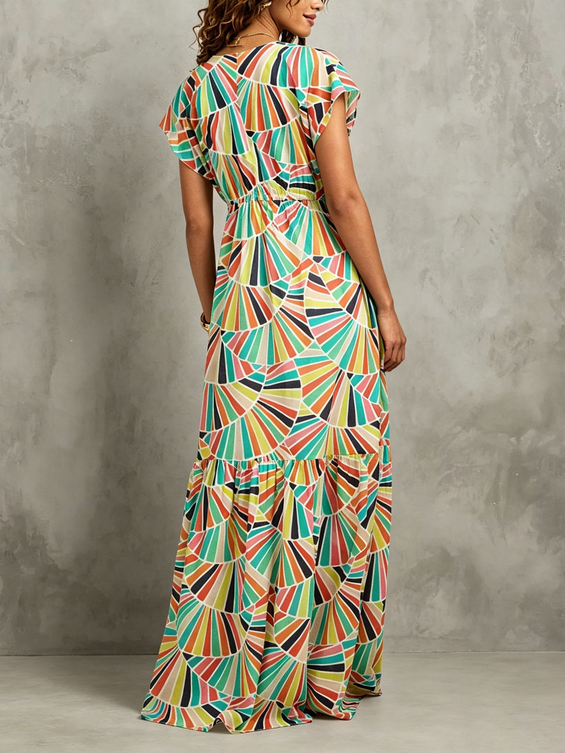 Women's Geometric Print Maxi Dress V Neck Flutter Sleeve Flowing Tiered Style