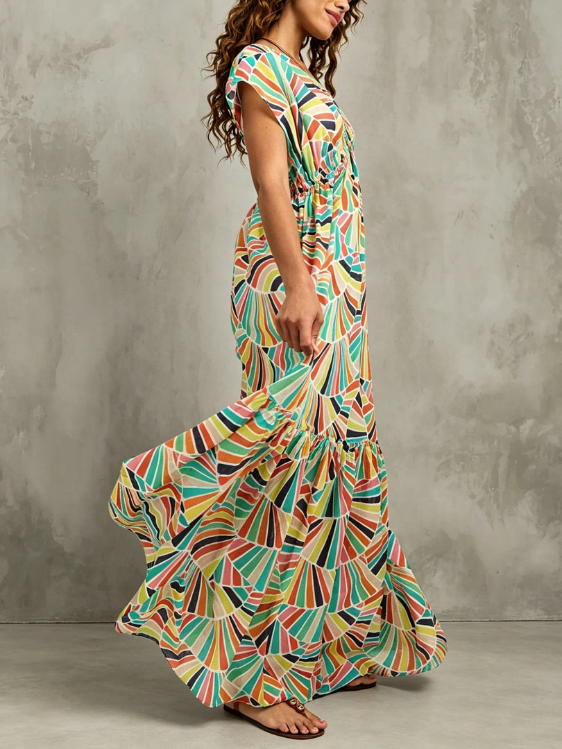 Women's Geometric Print Maxi Dress V Neck Flutter Sleeve Flowing Tiered Style