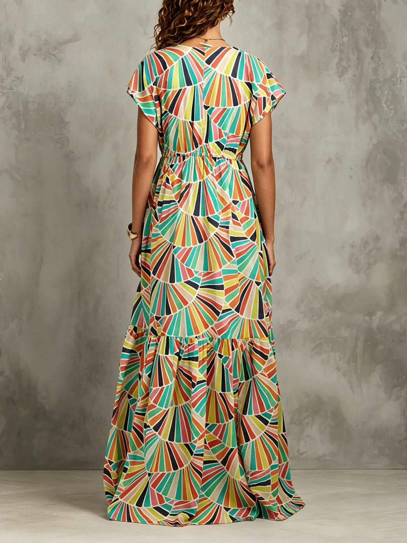 Women's Geometric Print Maxi Dress V Neck Flutter Sleeve Flowing Tiered Style