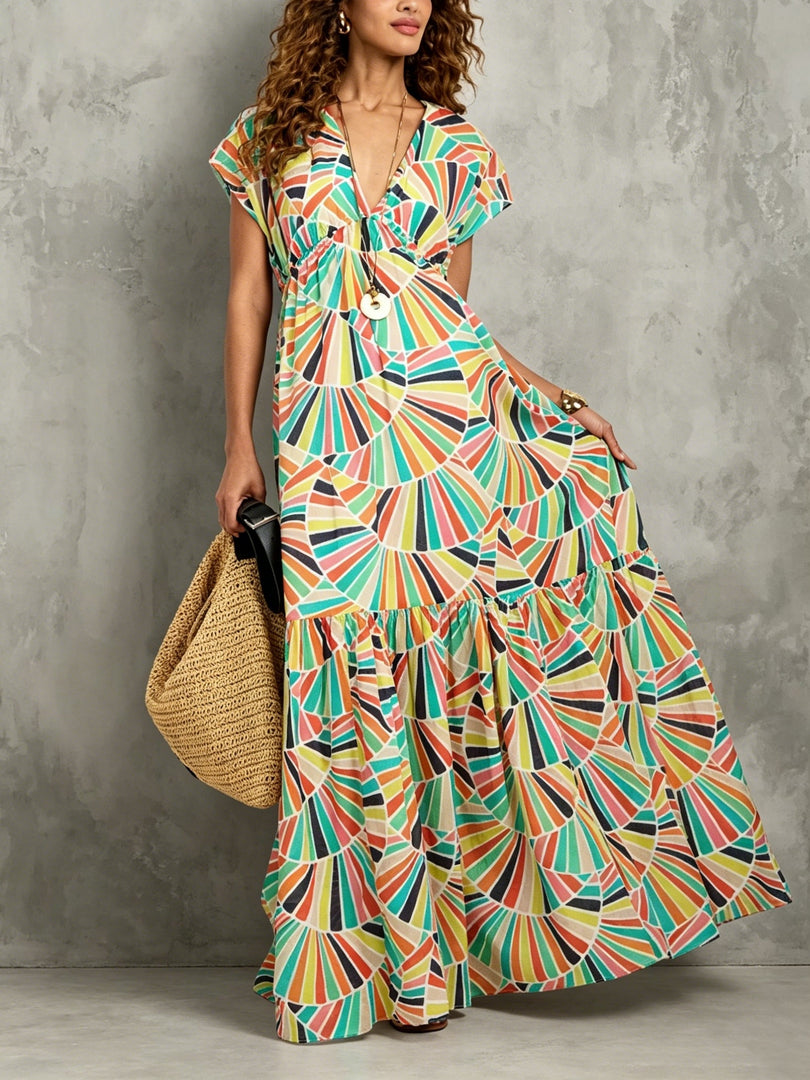 Women's Geometric Print Maxi Dress V Neck Flutter Sleeve Flowing Tiered Style
