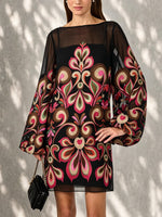 Load image into Gallery viewer, Women's Black Floral Mini Dress Sheer Balloon Sleeve Boat Neck Shift Style
