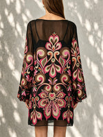 Load image into Gallery viewer, Women's Black Floral Mini Dress Sheer Balloon Sleeve Boat Neck Shift Style
