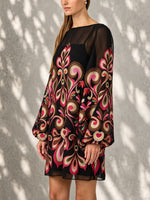 Load image into Gallery viewer, Women's Black Floral Mini Dress Sheer Balloon Sleeve Boat Neck Shift Style
