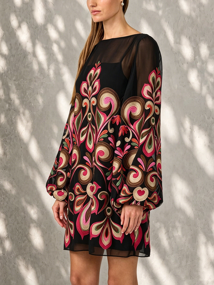 Women's Black Floral Mini Dress Sheer Balloon Sleeve Boat Neck Shift Style
