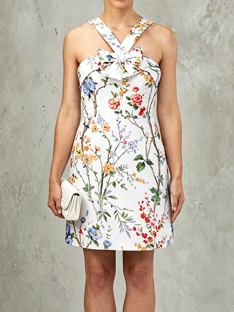 Women's White Floral Mini Dress Halter Cross Strap a Line Cocktail Style