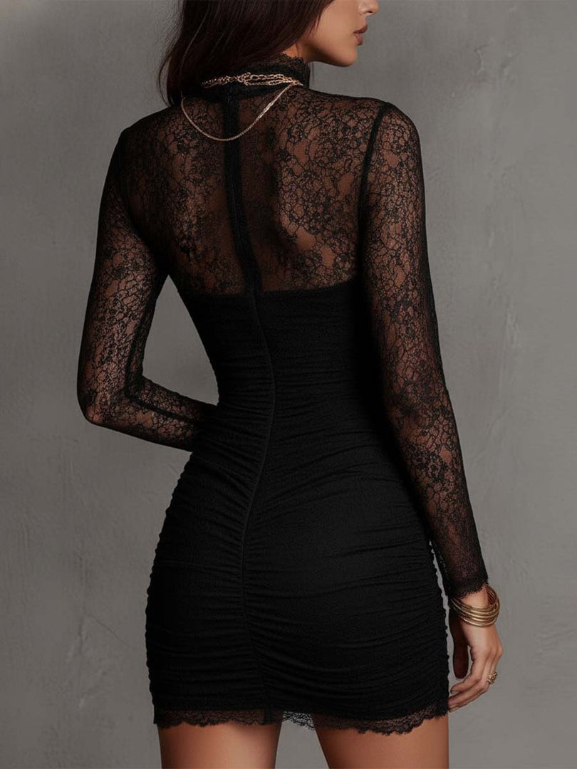 Women's Black Mini Dress High Neck Lace Long Sleeve Ruched Bodycon Cocktail Style