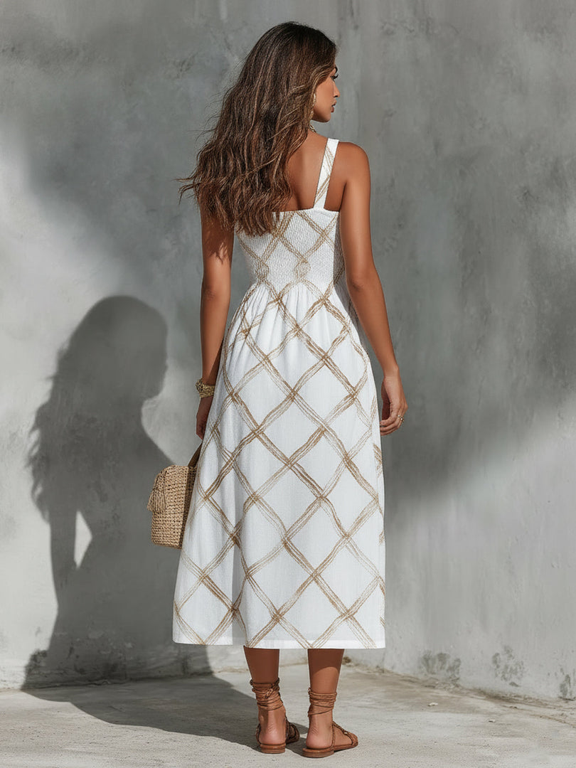 Women's White Midi Dress Square Neck Sleeveless Geometric Print Column Flowing Style