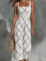 Load image into Gallery viewer, Women's White Midi Dress Square Neck Sleeveless Geometric Print Column Flowing Style
