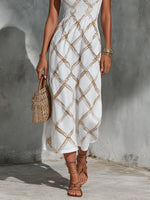 Load image into Gallery viewer, Women's White Midi Dress Square Neck Sleeveless Geometric Print Column Flowing Style
