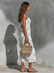 Women's White Midi Dress Square Neck Sleeveless Geometric Print Column Flowing Style