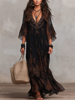 Load image into Gallery viewer, Women's Black Maxi Dress V Neck Flutter Sleeve Lace Detail Tiered Flowing Boho Style
