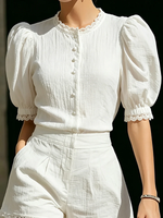 Load image into Gallery viewer, Women's White Two Piece Set Puff Sleeve Button Top High Waist Shorts Tailored Style
