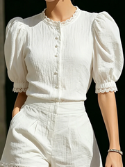Women's White Two Piece Set Puff Sleeve Button Top High Waist Shorts Tailored Style
