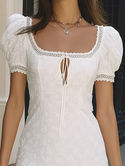 Women's White Mini Dress Square Neck Puff Sleeve Keyhole Tie Front a Line Style
