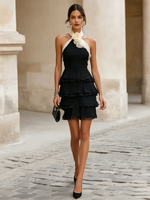 Load image into Gallery viewer, Women's Black Mini Dress Halter Neck Contrast Rosette Tiered Ruffle Cocktail Style
