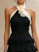 Load image into Gallery viewer, Women's Black Mini Dress Halter Neck Contrast Rosette Tiered Ruffle Cocktail Style
