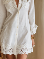 Load image into Gallery viewer, Women's White Linen Shirt Dress Collared Button Front Long Sleeve Crochet Hem Style
