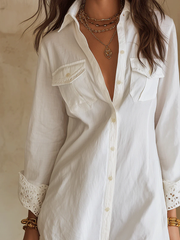 Women's White Linen Shirt Dress Collared Button Front Long Sleeve Crochet Hem Style