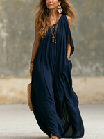 Load image into Gallery viewer, Women's Navy Wide Leg Jumpsuit One Shoulder Draped Flowing Bohemian Style
