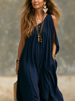 Load image into Gallery viewer, Women's Navy Wide Leg Jumpsuit One Shoulder Draped Flowing Bohemian Style
