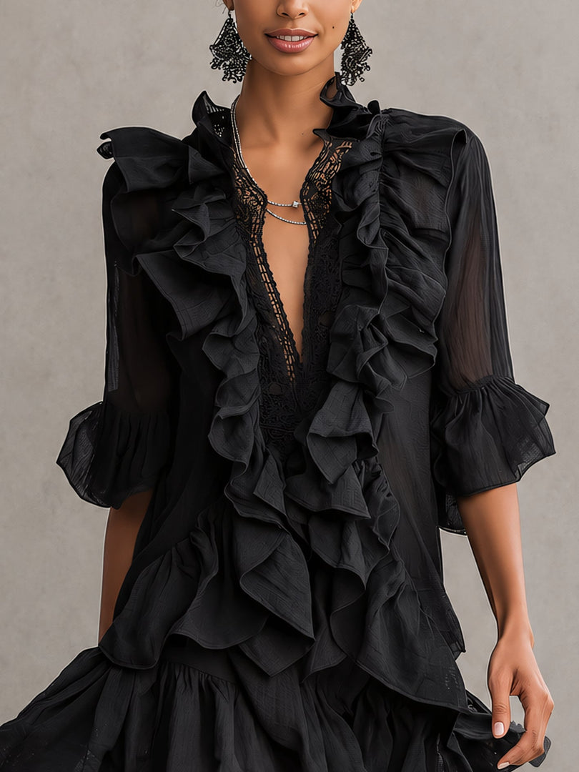 Women's Black Ruffle Mini Dress V-Neck Sheer Sleeve Tiered Style