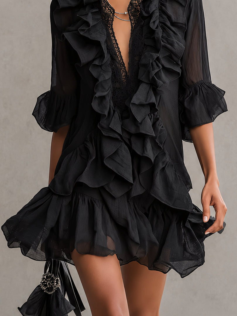 Women's Black Ruffle Mini Dress V-Neck Sheer Sleeve Tiered Style