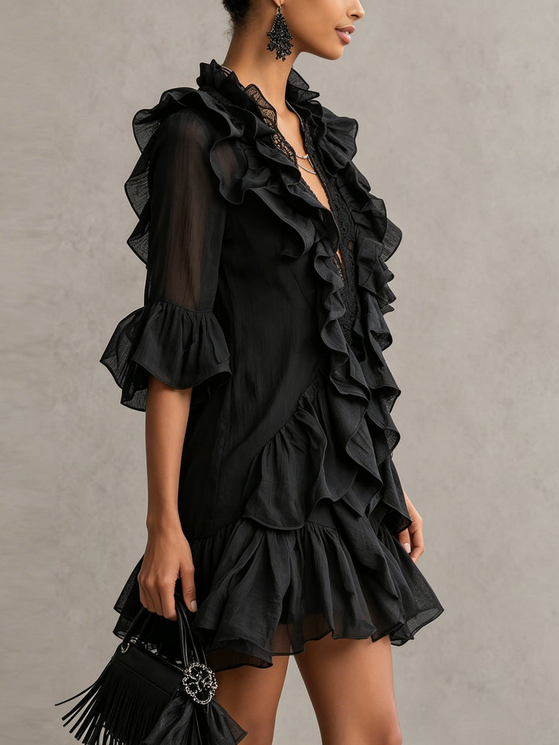 Women's Black Ruffle Mini Dress V-Neck Sheer Sleeve Tiered Style