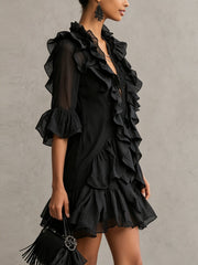 Women's Black Ruffle Mini Dress V-Neck Sheer Sleeve Tiered Style