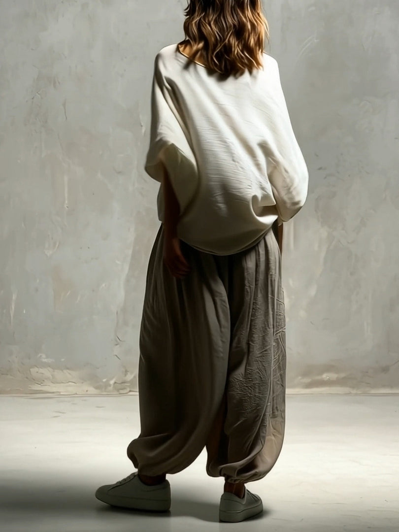 Women's Taupe Wide Leg Harem Pants High Waist Drawstring Flowing Style